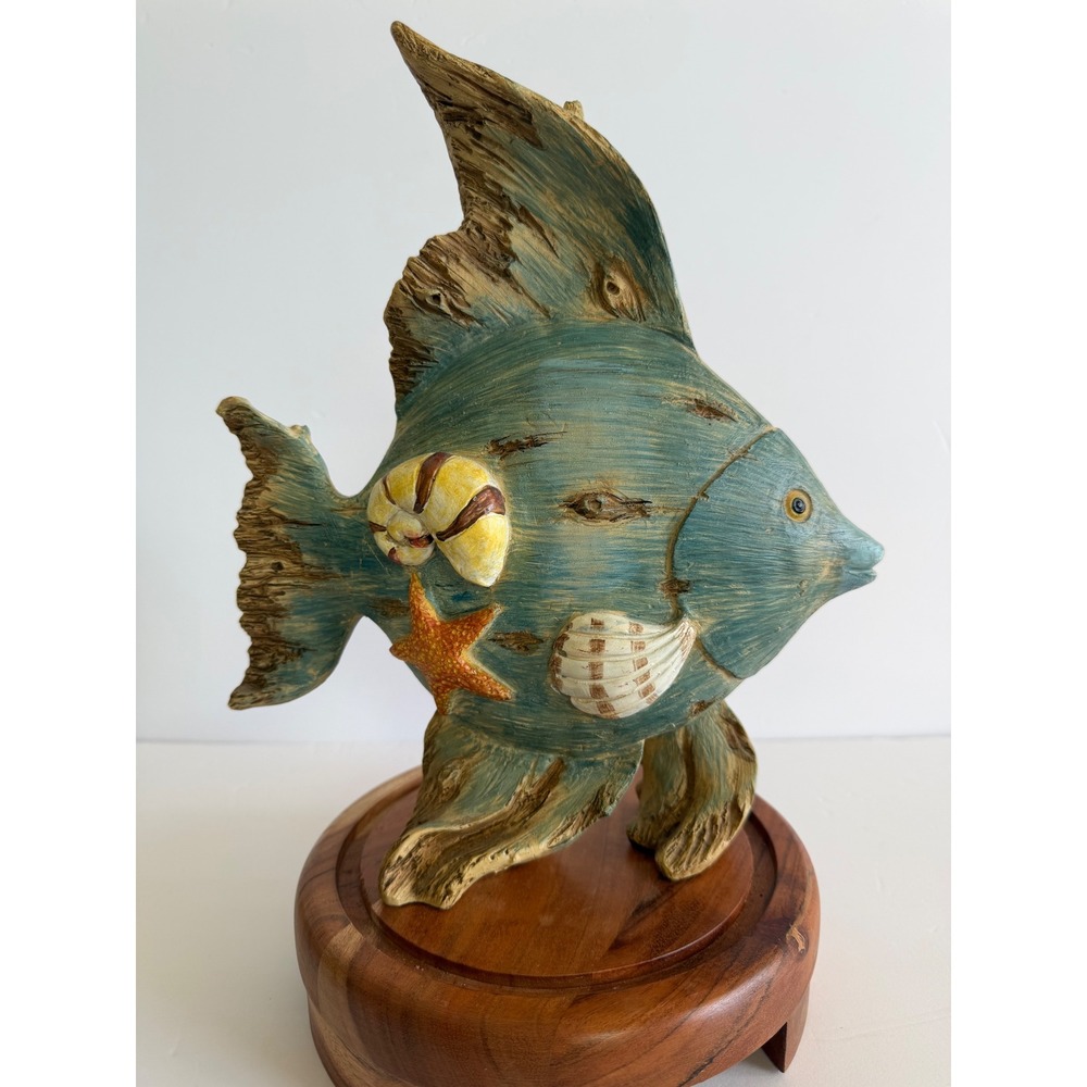 Vintage Coastal Tropical Fish Figurine Faux Driftwood Sea Shells Wood Base